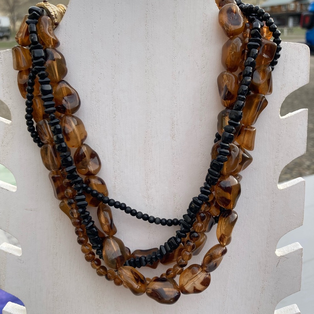 Acrylic Bead Necklace 5-strand twisted black and brown 16” long - Picture 2 of 9